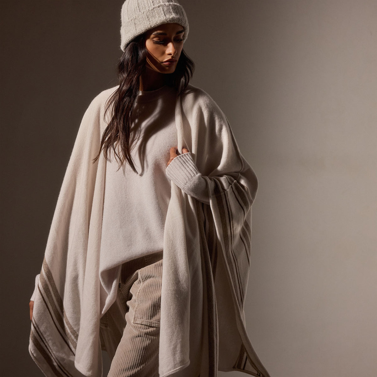 Recycled Cashmere Striped Poncho in Pearl | James Perse Los Angeles / Womens