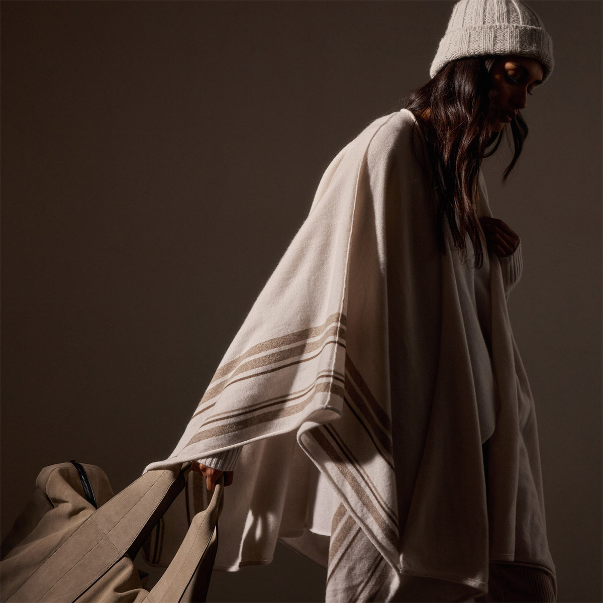 Recycled Cashmere Striped Poncho in Pearl | James Perse Los Angeles / Womens