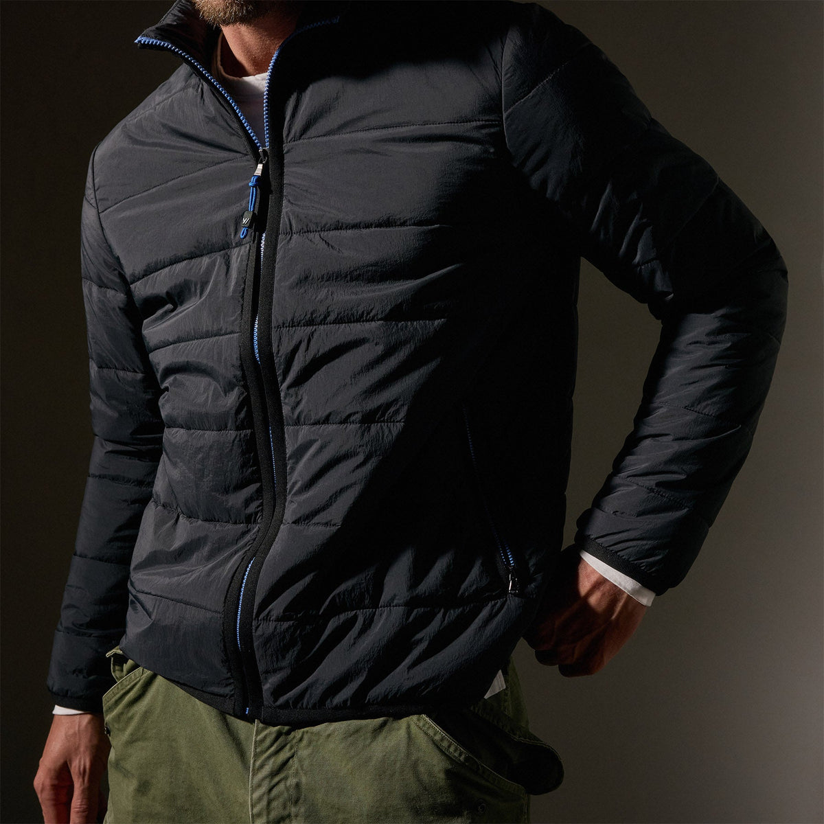 Contrast Zip Insulated Jacket in Black/Black/Blue | James Perse Los Angeles
