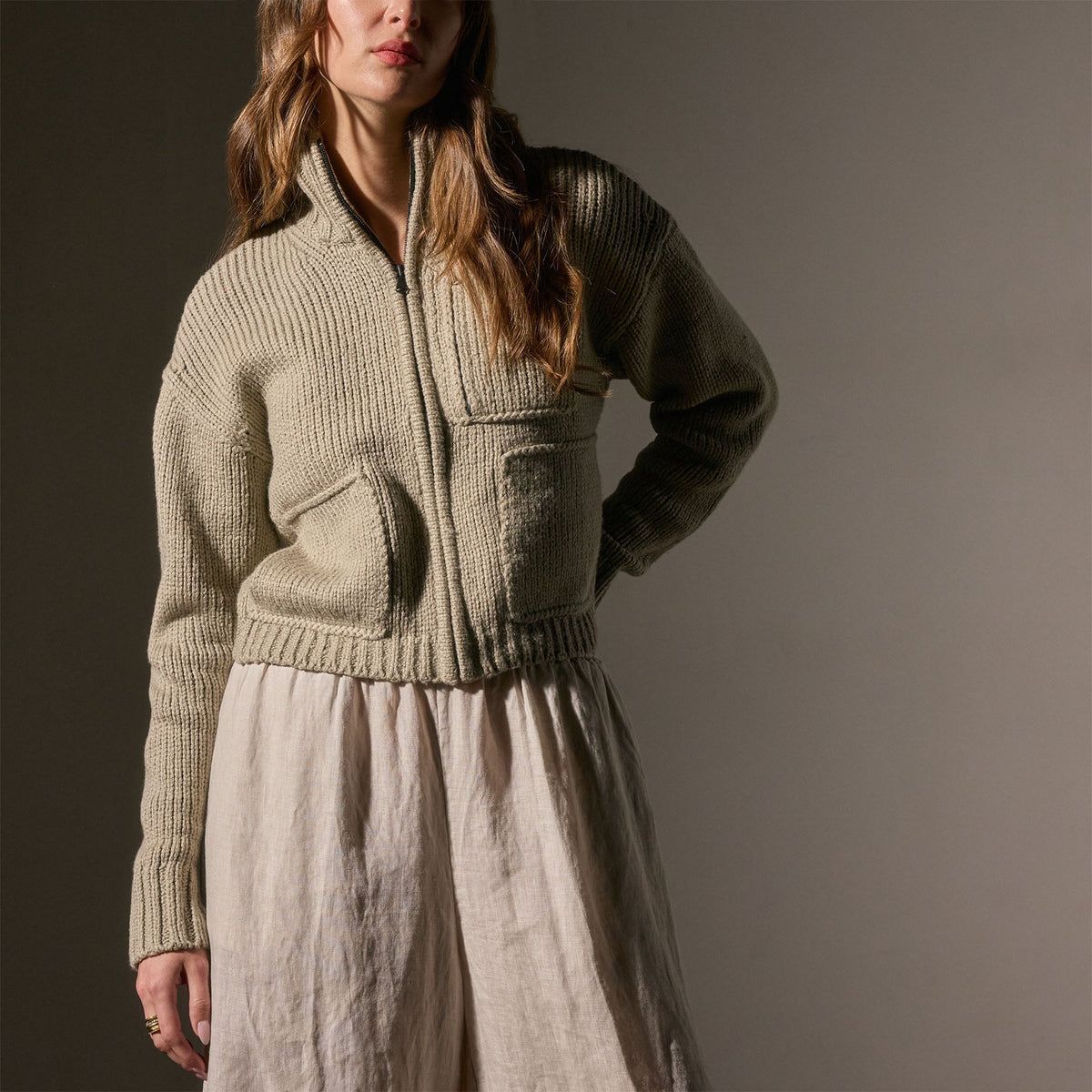 Cotton Knt Zip Front Funnel Neck in Overcast | James Perse Los Angeles