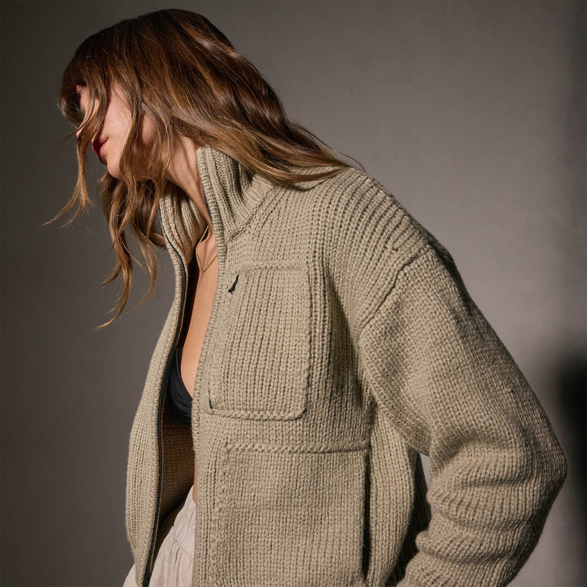 Cotton Knt Zip Front Funnel Neck in Overcast | James Perse Los Angeles