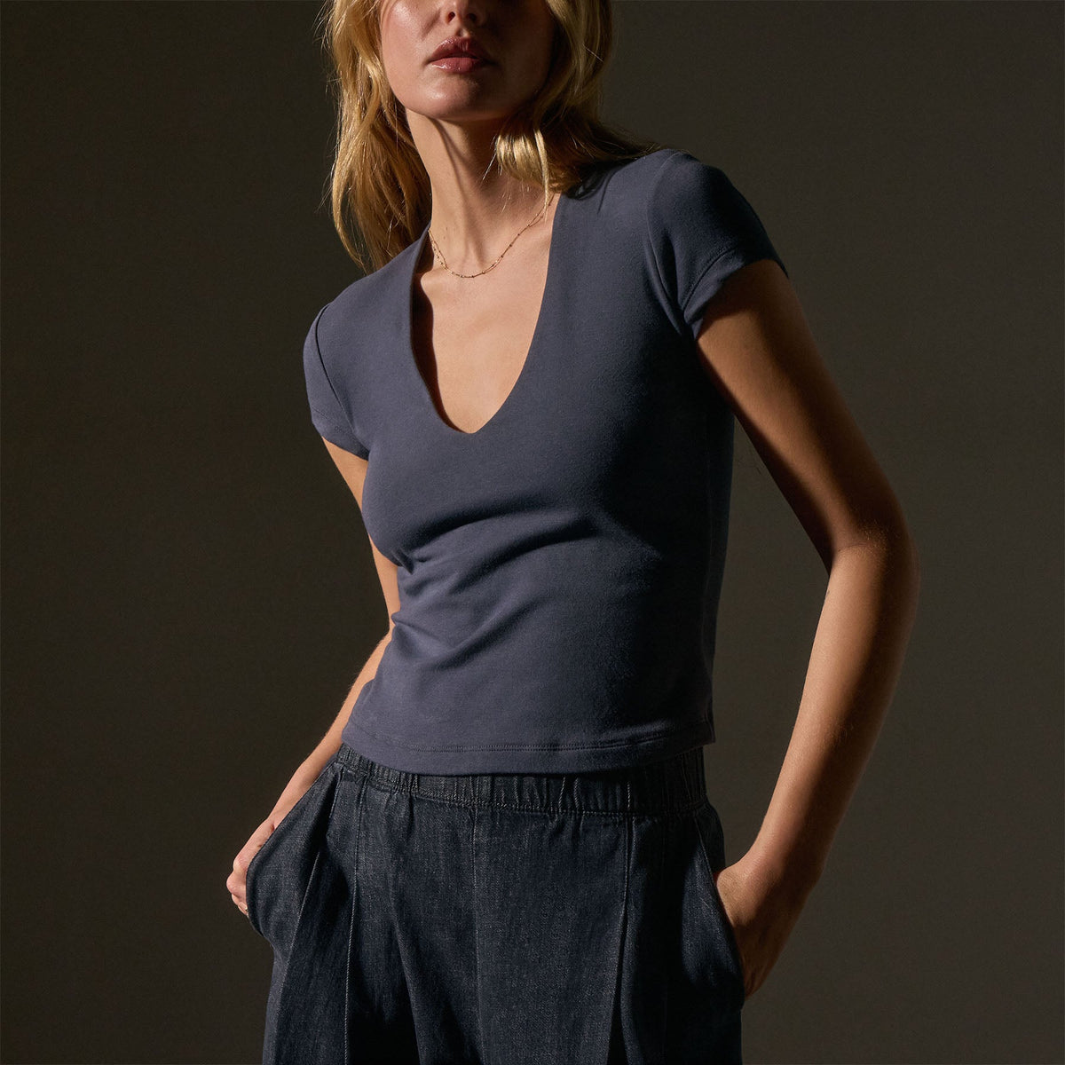 Stretch Lotus Deep V Short Sleeve Tee in Blue Noir | James Perse Los Angeles