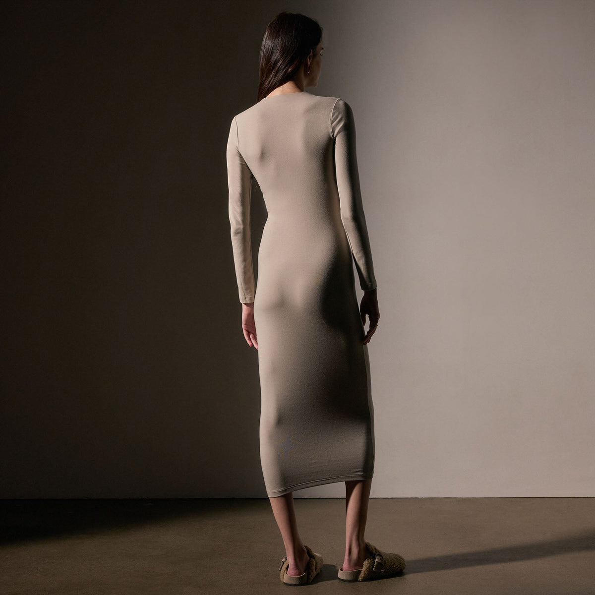 Stretch Lotus Deep V Dress in Tan | James Perse Los Angeles