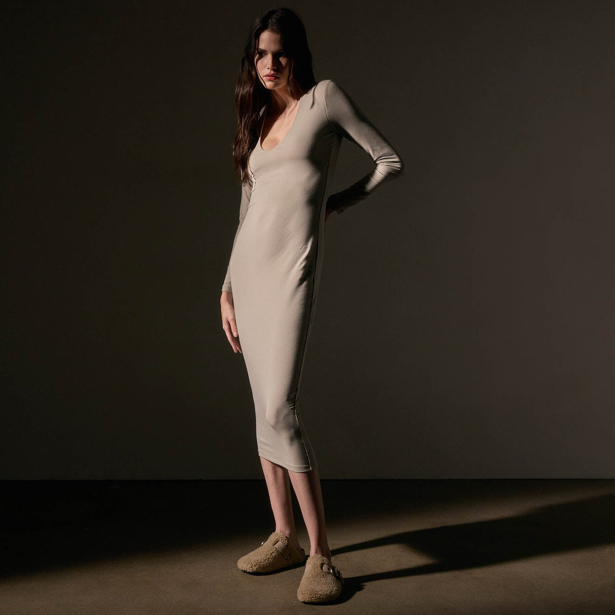 Stretch Lotus Deep V Dress in Tan | James Perse Los Angeles
