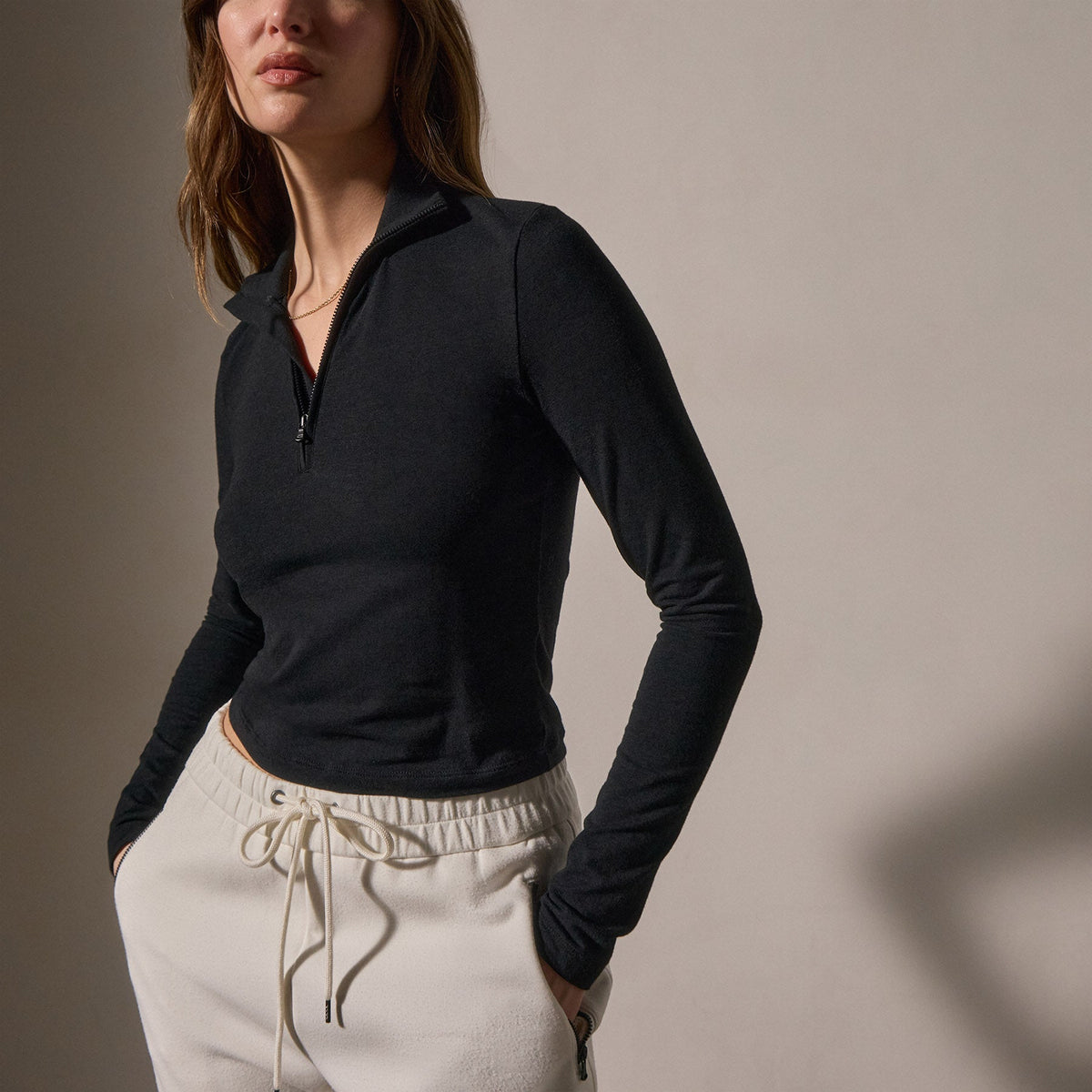 Cropped Long Sleeve Half Zip in Black | James Perse Los Angeles