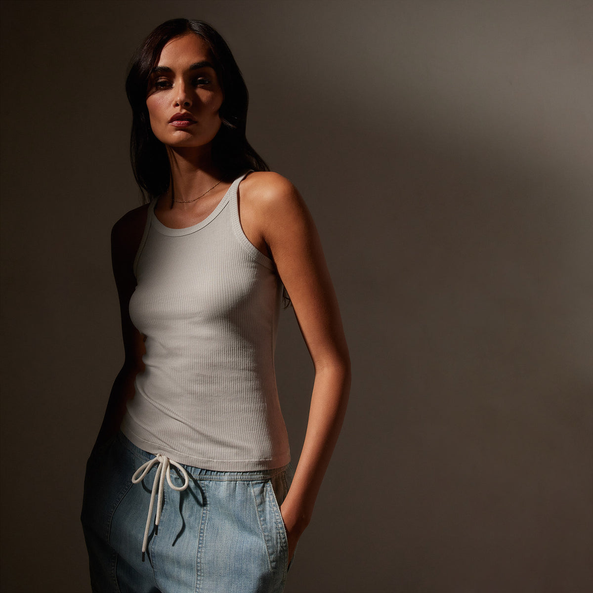 Ribbed High Neck Cami in Salt Pigment | James Perse Los Angeles