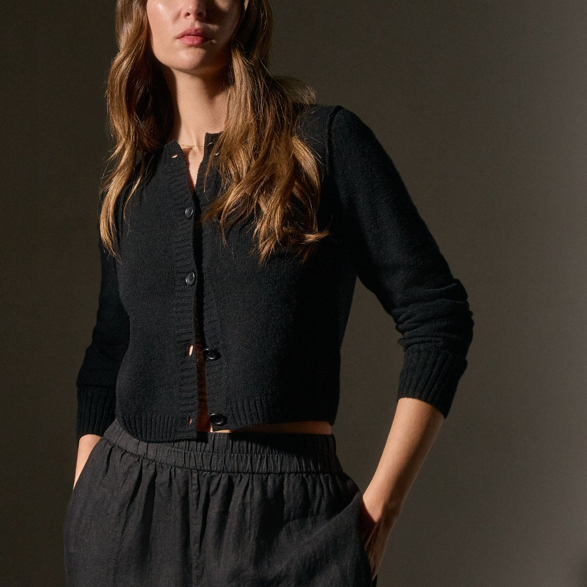 Cashmere Jewel Neck Cardigan in Black | James Perse Los Angeles