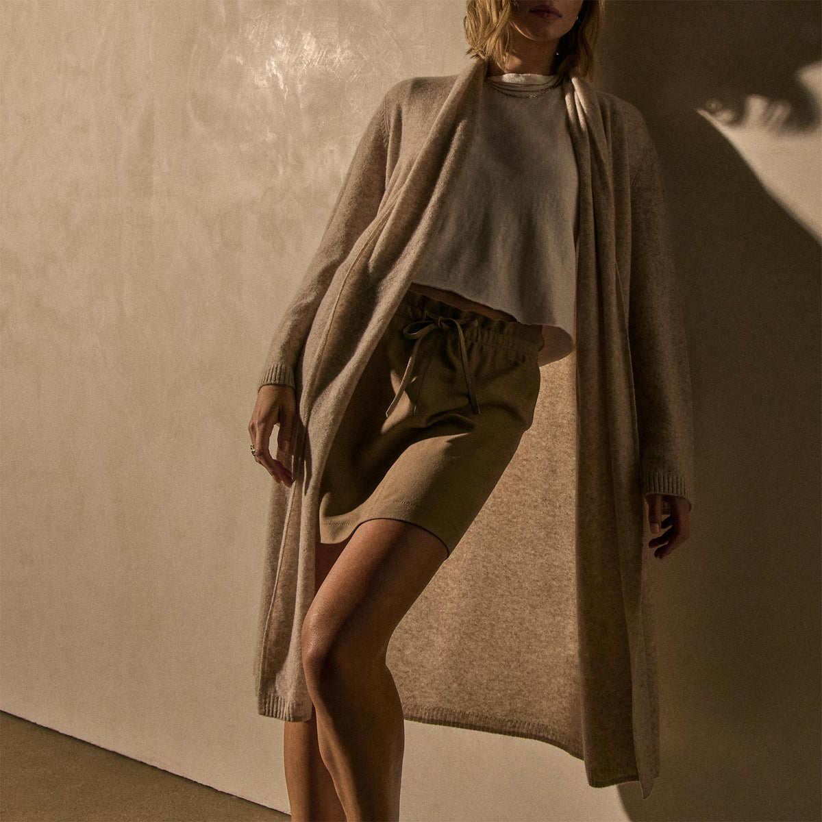 Open Knit Cashmere Cardigan in Light Beige | James Perse Los Angeles