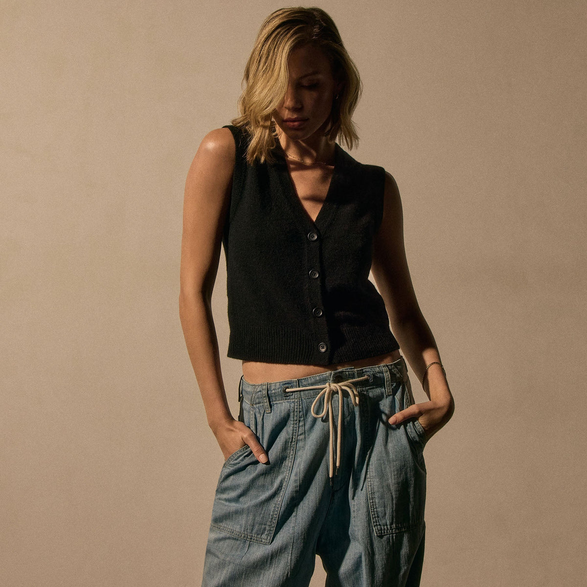 Open Knit Cashmere Vest in Black | James Perse Los Angeles