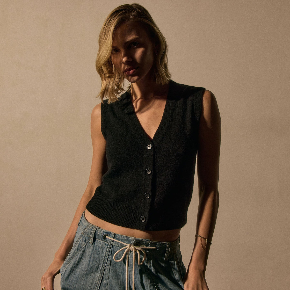 Open Knit Cashmere Vest in Black | James Perse Los Angeles