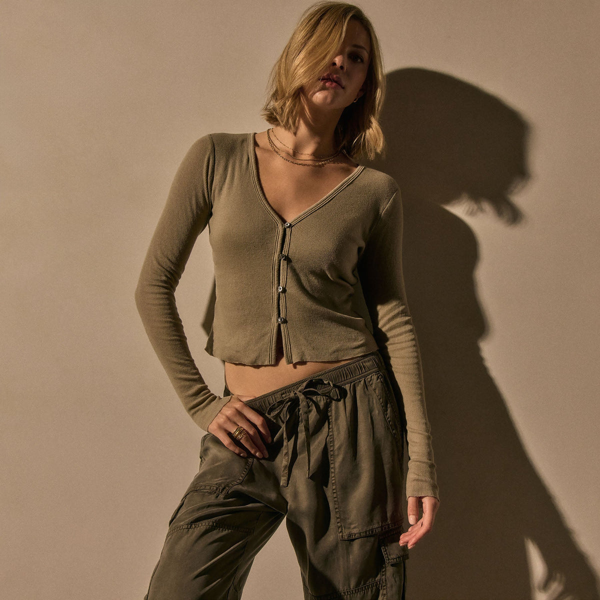 Cotton Cshmr Ribbed Long Sleeve Btn Front in Overcast | James Perse Los Angeles