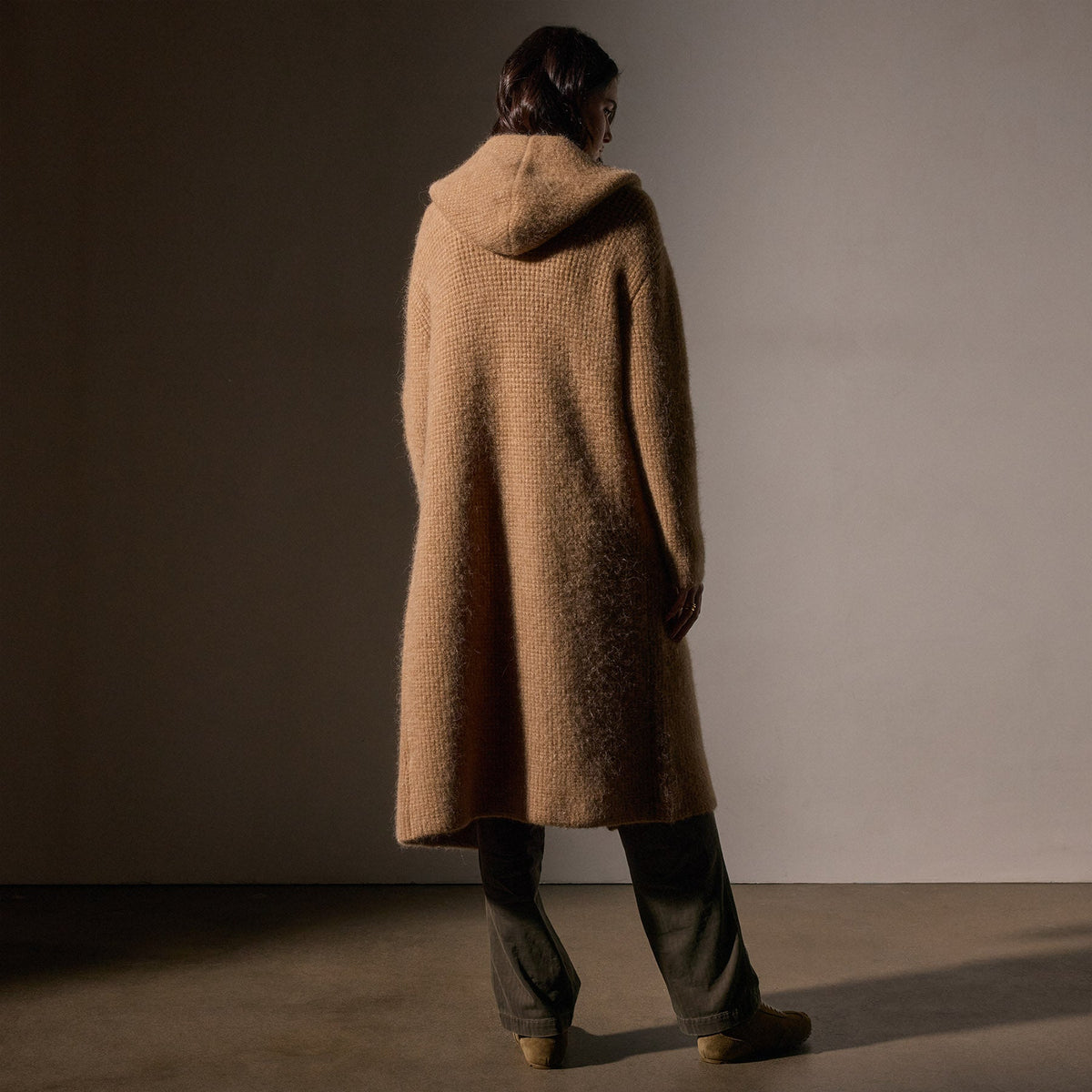 Chunky Waffle Knit Hooded Coat in Camel | James Perse Los Angeles