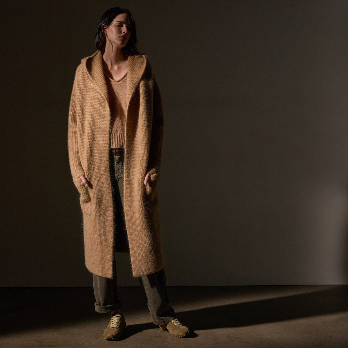 Chunky Waffle Knit Hooded Coat in Camel | James Perse Los Angeles