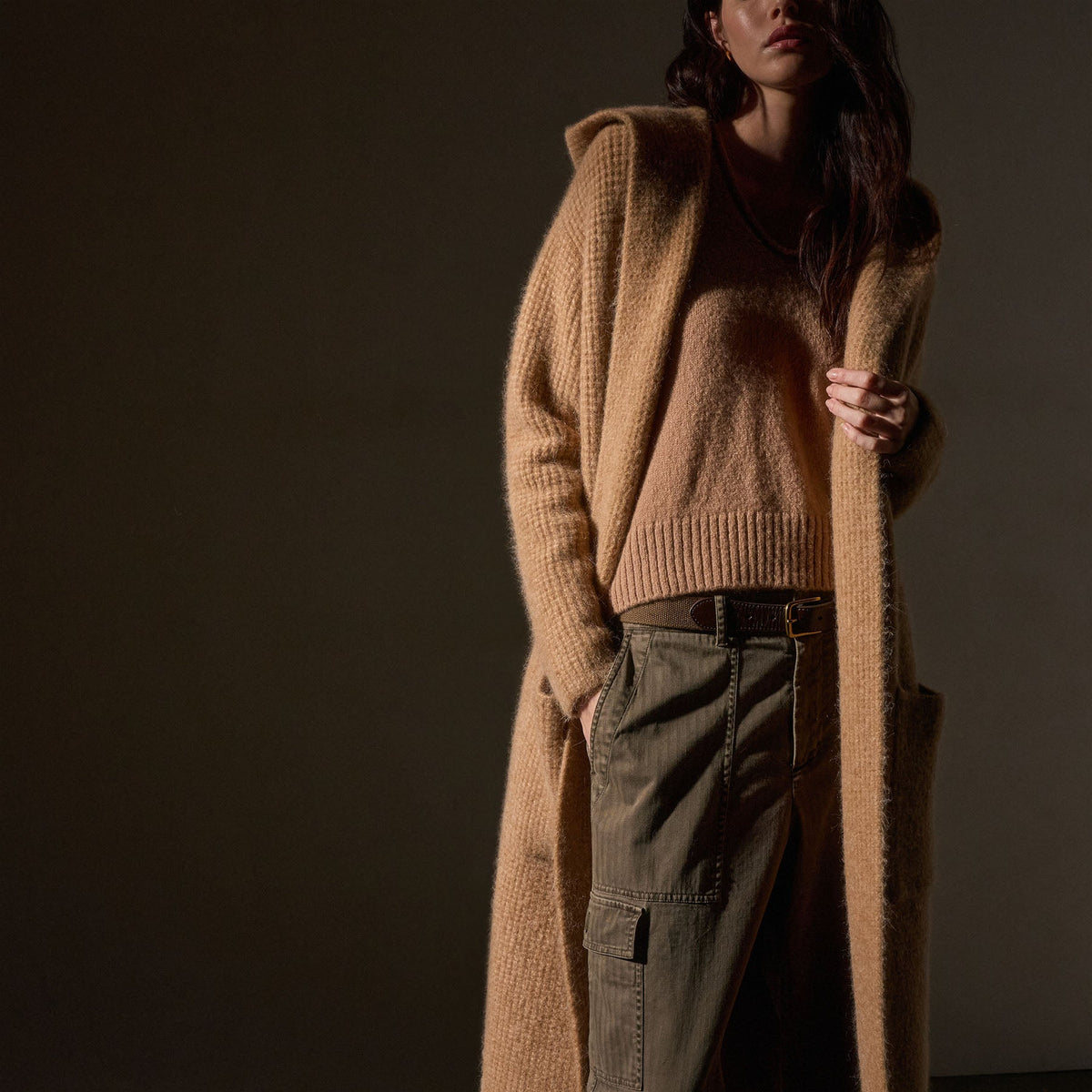 Chunky Waffle Knit Hooded Coat in Camel | James Perse Los Angeles