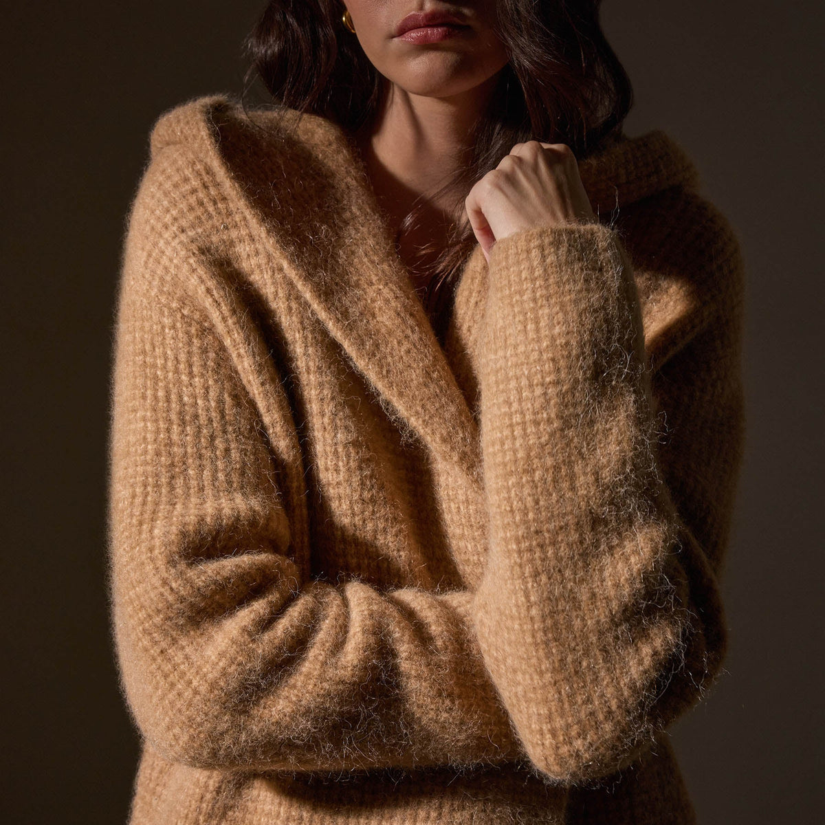 Chunky Waffle Knit Hooded Coat in Camel | James Perse Los Angeles