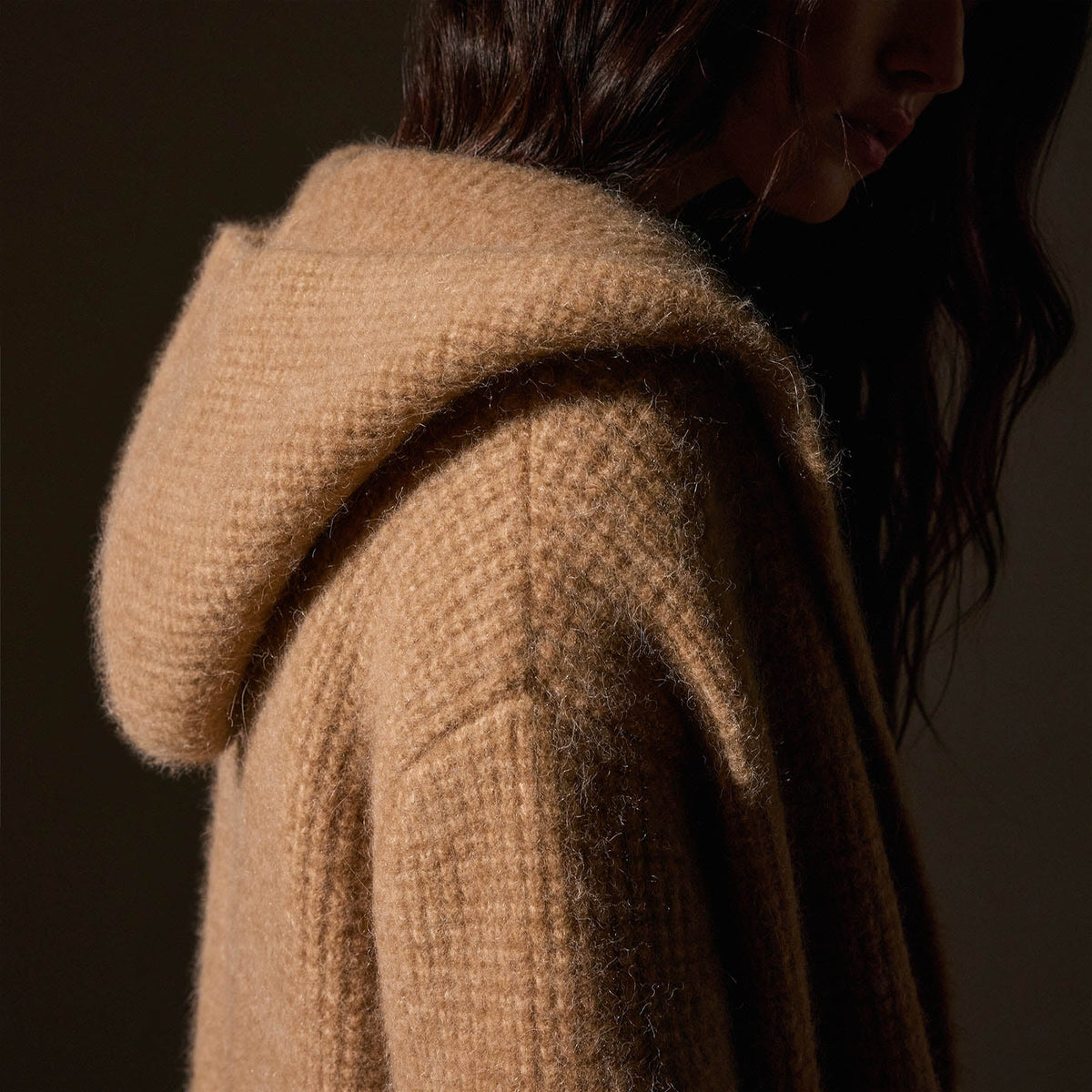 Chunky Waffle Knit Hooded Coat in Camel | James Perse Los Angeles