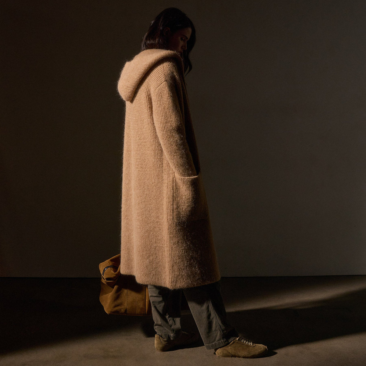 Chunky Waffle Knit Hooded Coat in Camel | James Perse Los Angeles