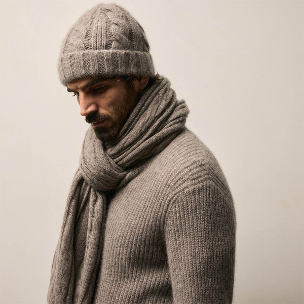Lightweight Textured Cashmere Cable Knit Beanie in Beige Melange | James Perse Los Angeles / Mens