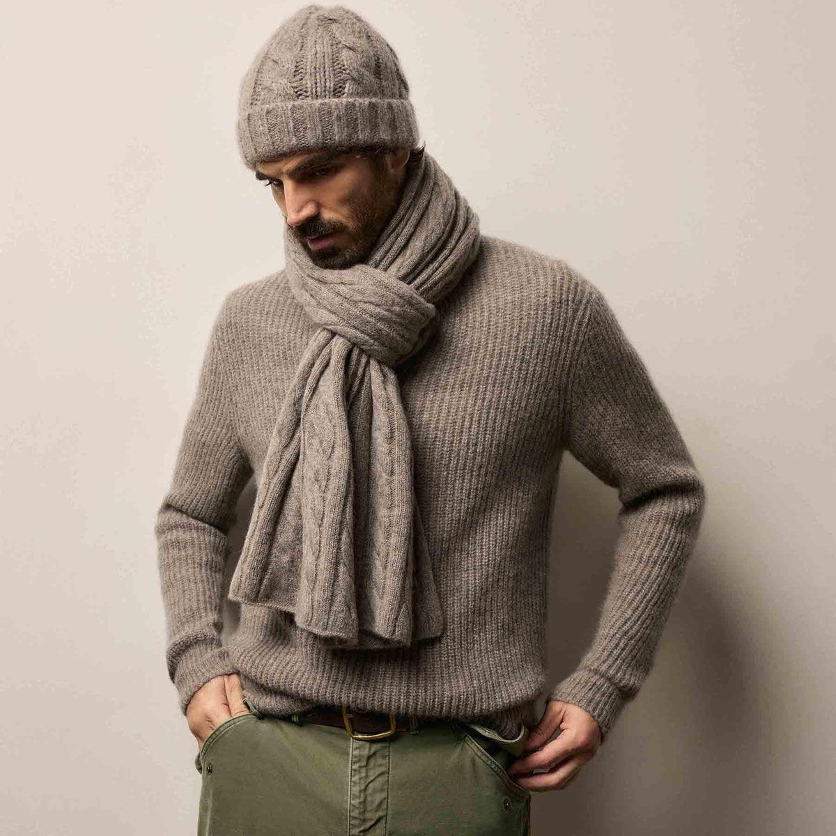 Lightweight Cashmere Cableknit Scarf in Beige Melange | James Perse Los Angeles
