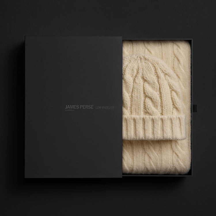 Lightweight Cashmere Cableknit Beanie & Scarf Gift Set In Ivory | James Perse Los Angeles