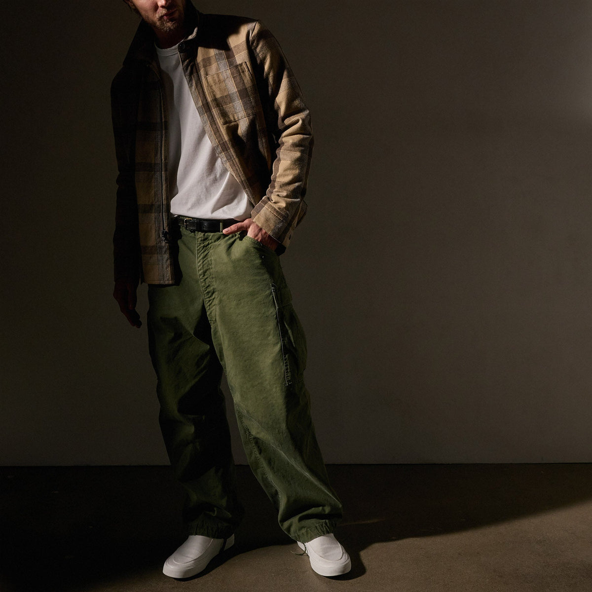 Zip Front Sherpa Lined Plaid Jacket  in Tan/Brown | James Perse Los Angeles