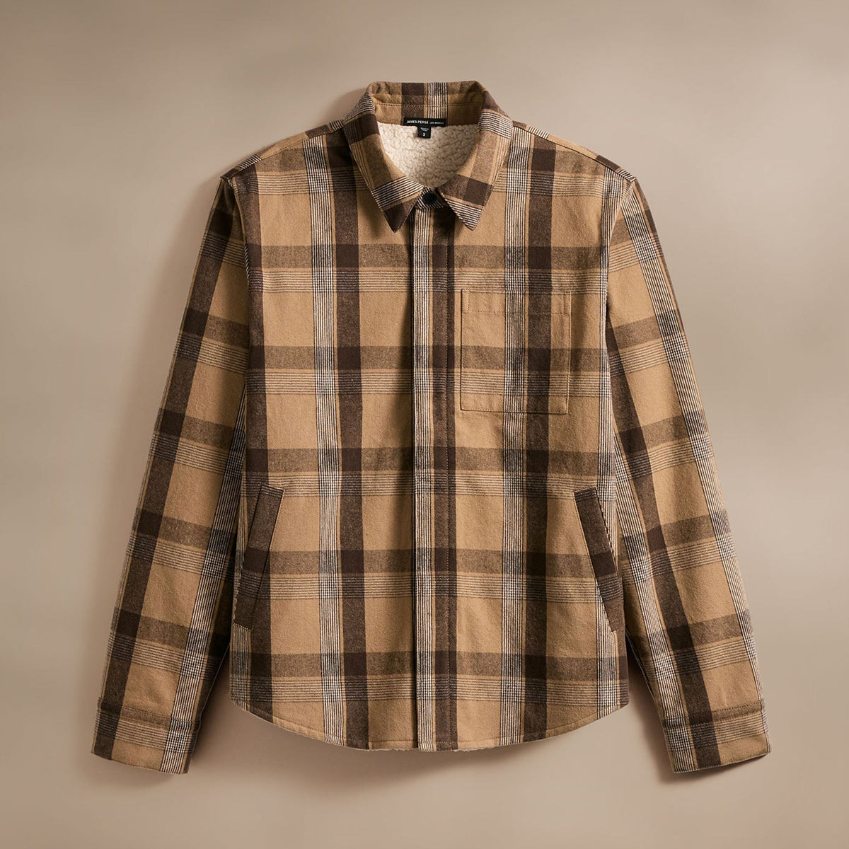 Zip Front Sherpa Lined Plaid Jacket  in Tan/Brown | James Perse Los Angeles