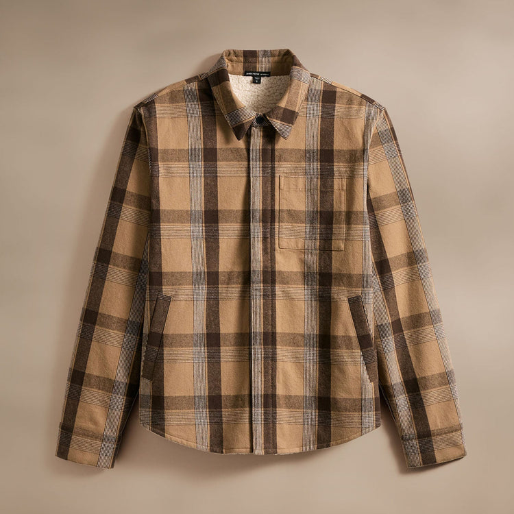 Zip Front Sherpa Lined Plaid Jacket  in Tan/Brown | James Perse Los Angeles