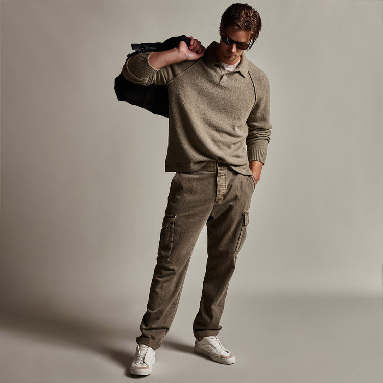Cashmere Raglan Sweater Polo in Khaki | James Perse Los Angeles