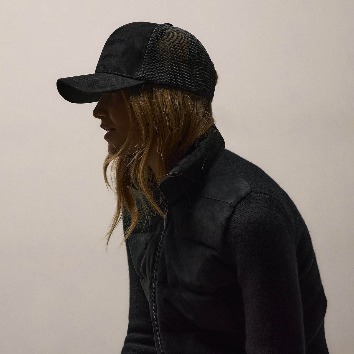 Suede 6 Panel Trucker Hat in Black | James Perse Los Angeles / Womens