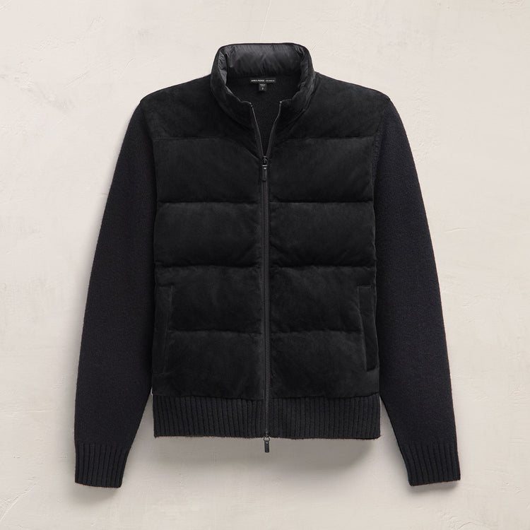 Suede Front Zip Up Sweater in Black | James Perse Los Angeles