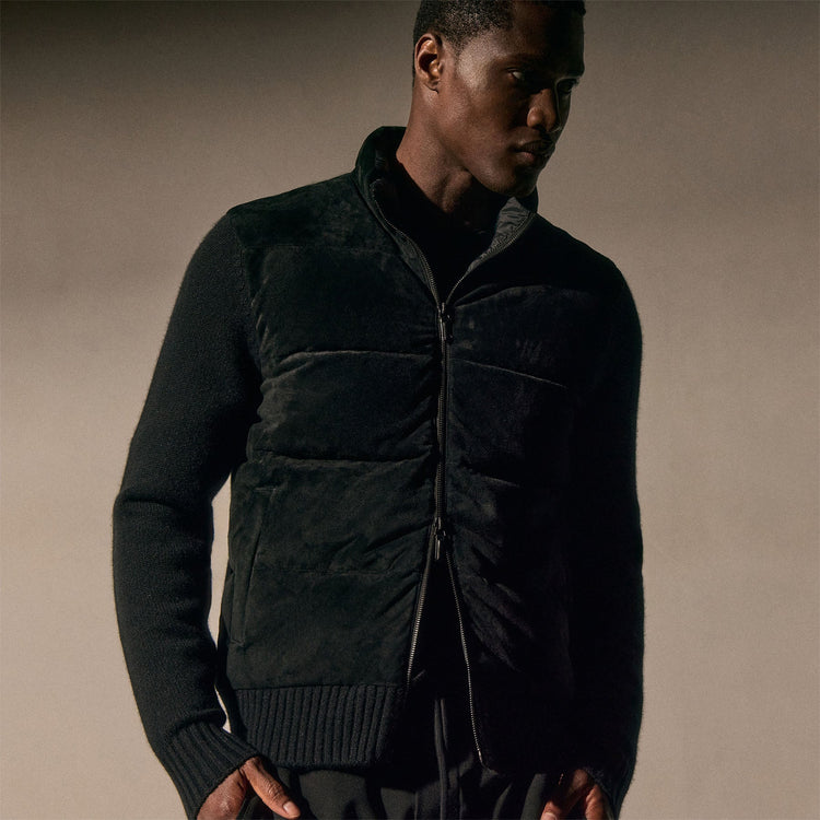 Suede Front Zip Up Sweater in Black | James Perse Los Angeles