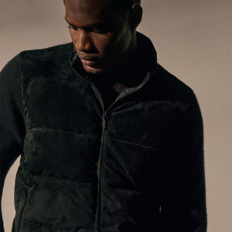 Suede Front Zip Up Sweater in Black | James Perse Los Angeles