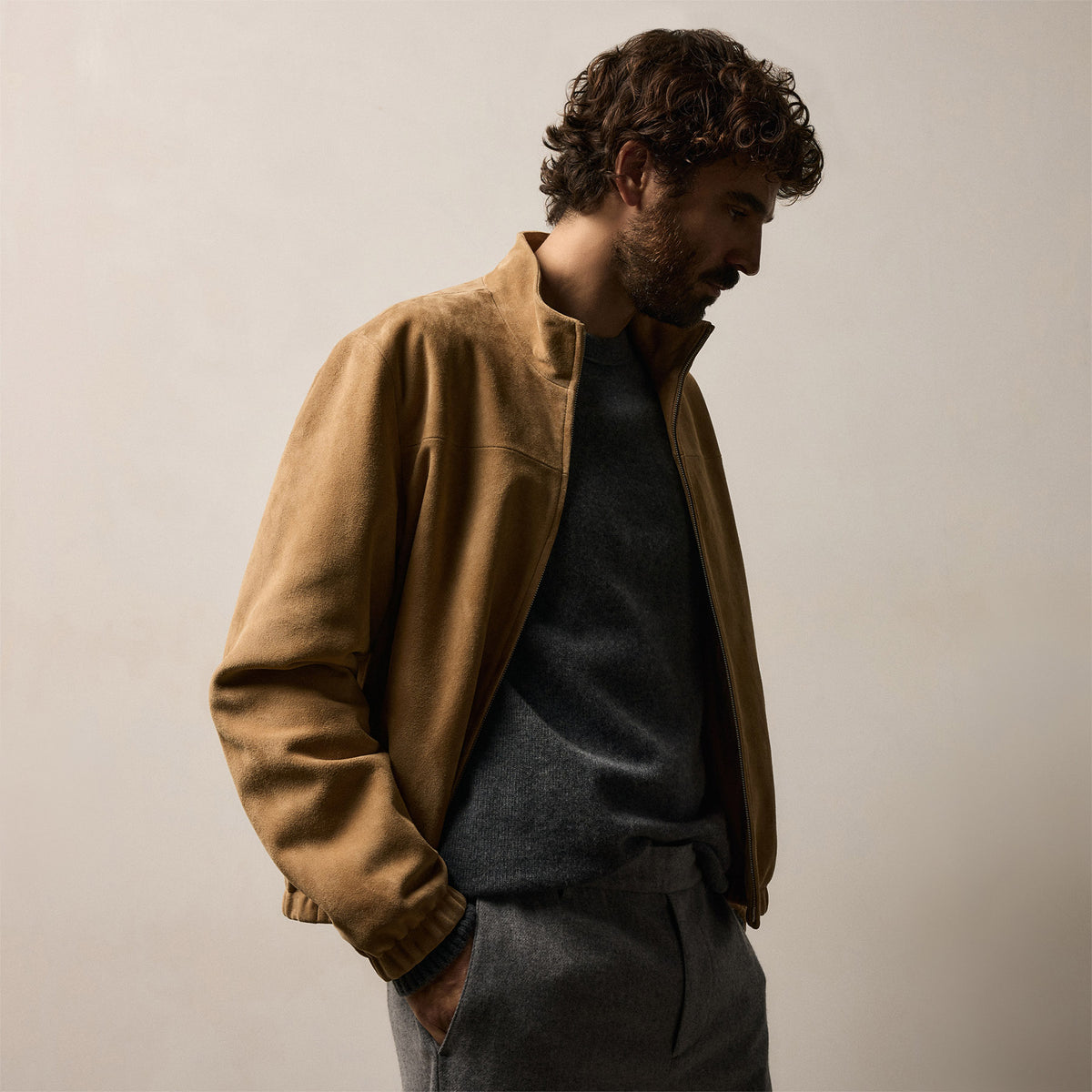 Suede Bomber Jacket in Sand | James Perse Los Angeles