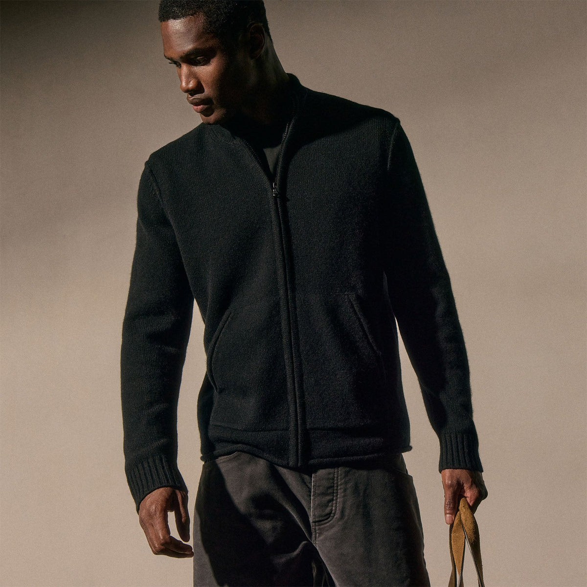 Recycled Cashmere Full Zip Sweater in Black | James Perse Los Angeles