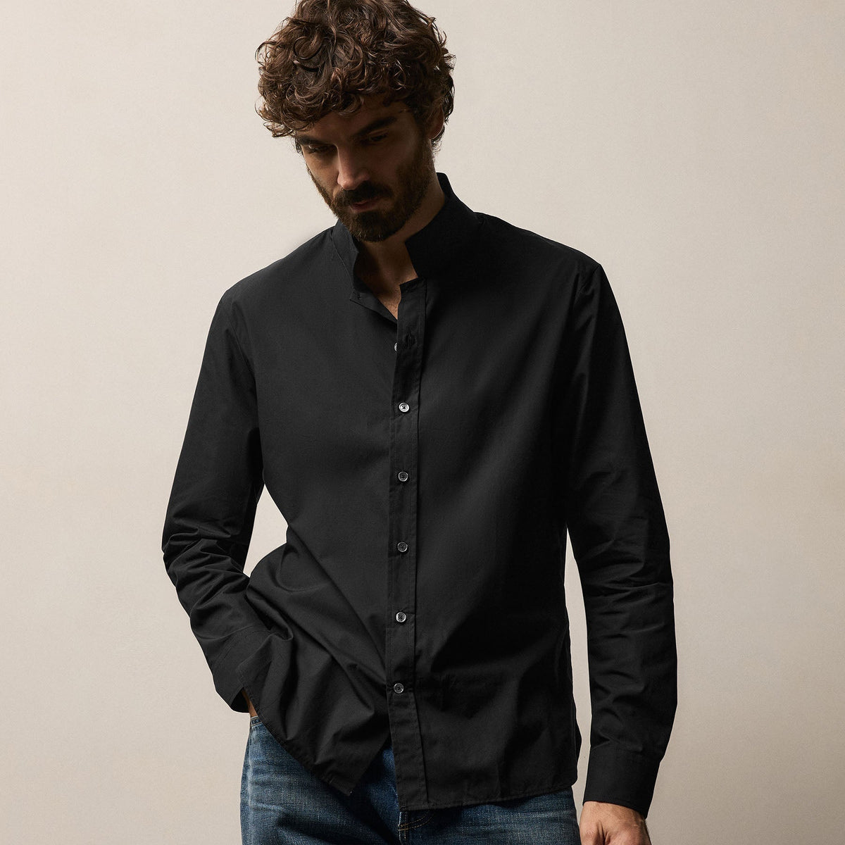 Poplin Collarless Shirt in Black | James Perse Los Angeles