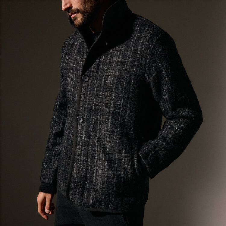 Wool Blend Plaid Car Coat in Black/Grey Plaid | James Perse Los Angeles