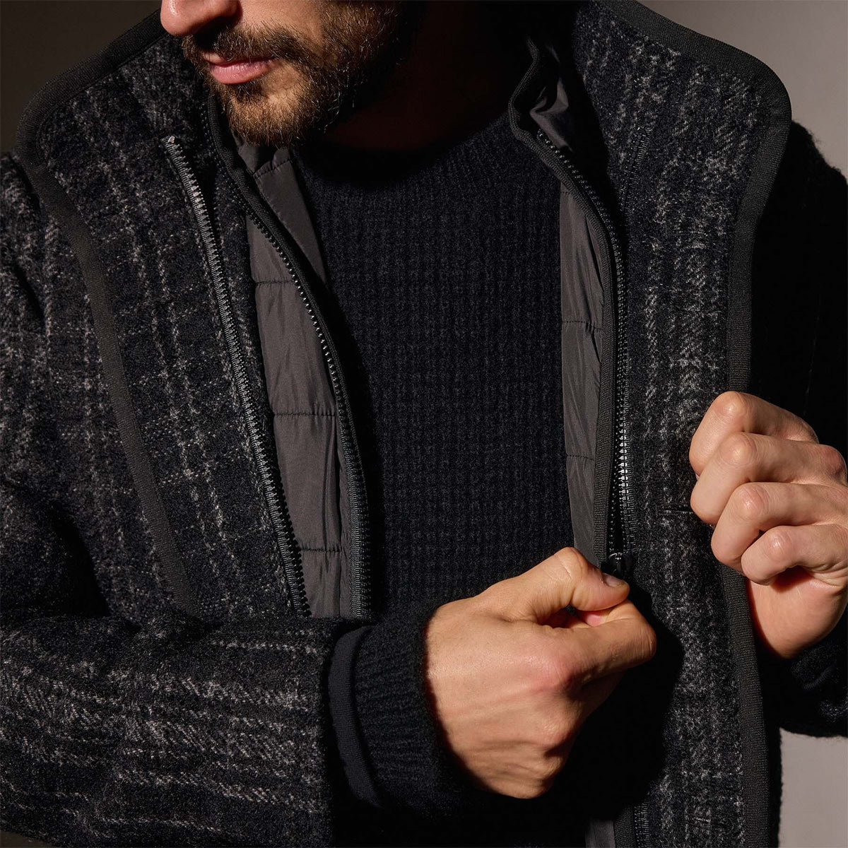 Wool Blend Plaid Car Coat in Black/Grey Plaid | James Perse Los Angeles