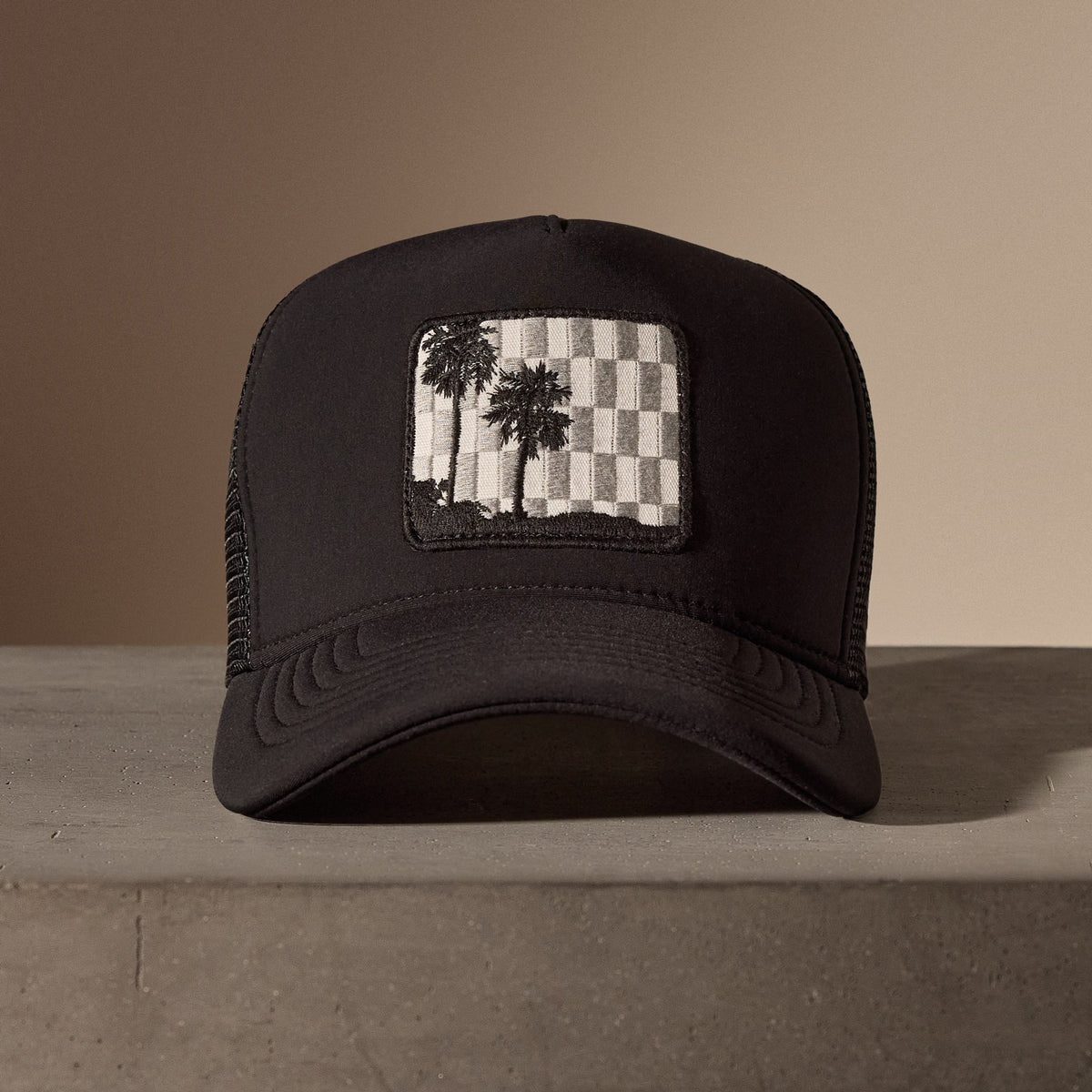 Checkered Palm Embroidered Trucker Hat in Black | James Perse Los Angeles