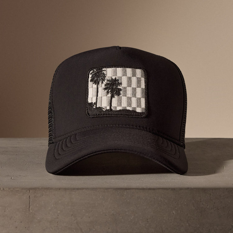 Checkered Palm Embroidered Trucker Hat in Black | James Perse Los Angeles