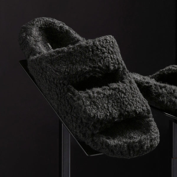 Women's Double Strap Shearling Slide in Black | James Perse Los Angeles