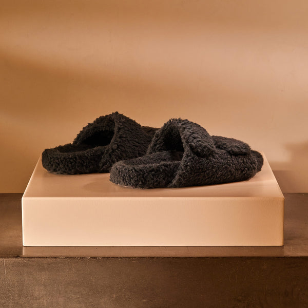 Women's Double Strap Shearling Slide in Charcoal | James Perese Los Angeles