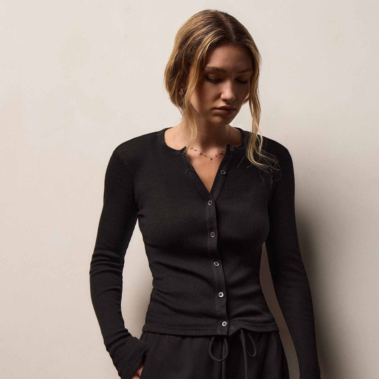 Cotton Gauze Rib Button Front in Black | James Perse Los Angeles