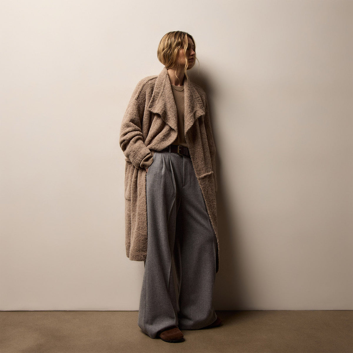Long Loop Alpaca Cashmere Coat in Soft Beige | James Perse Los Angeles