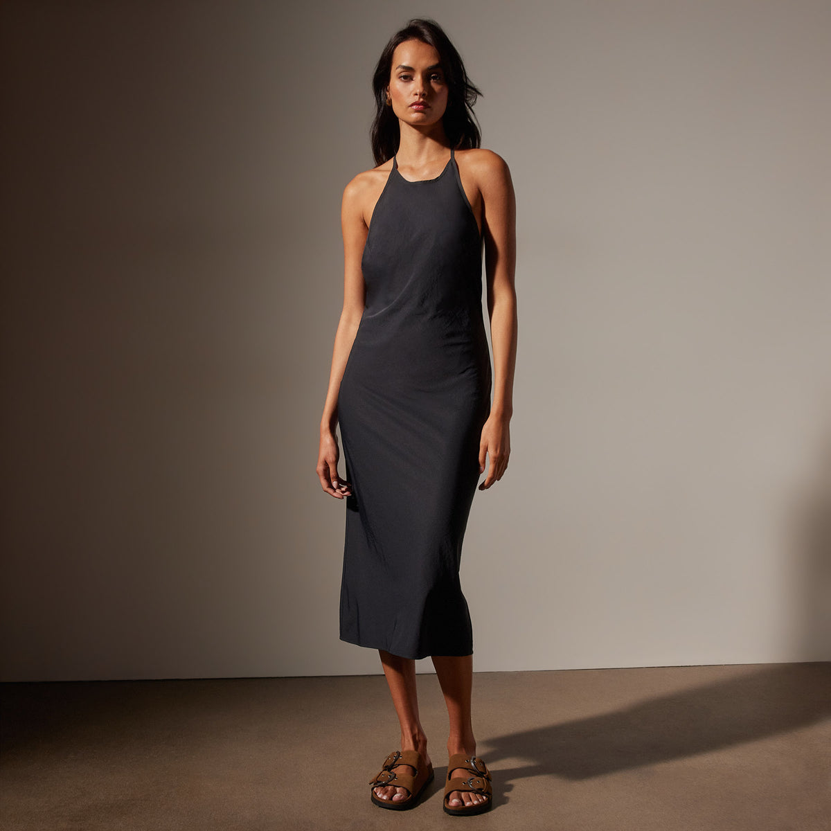 Lightweight Matte Sateen Halter Neck Dress in Black | James Perse in Los Angeles