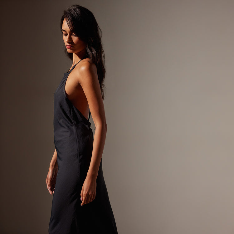 Lightweight Matte Sateen Halter Neck Dress in Black | James Perse in Los Angeles