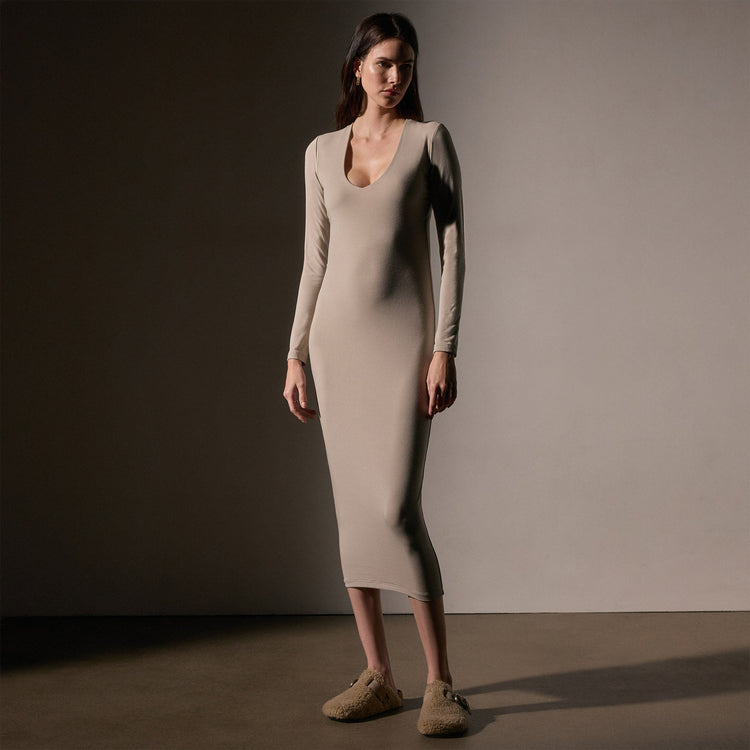 Stretch Lotus Deep V Dress  in Tan | James Perse Los Angeles