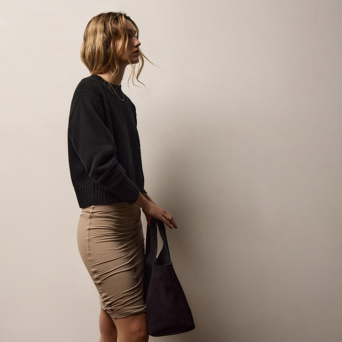 Lightweight Textured Cashmere Crew in True Black | James Perse Los Angeles