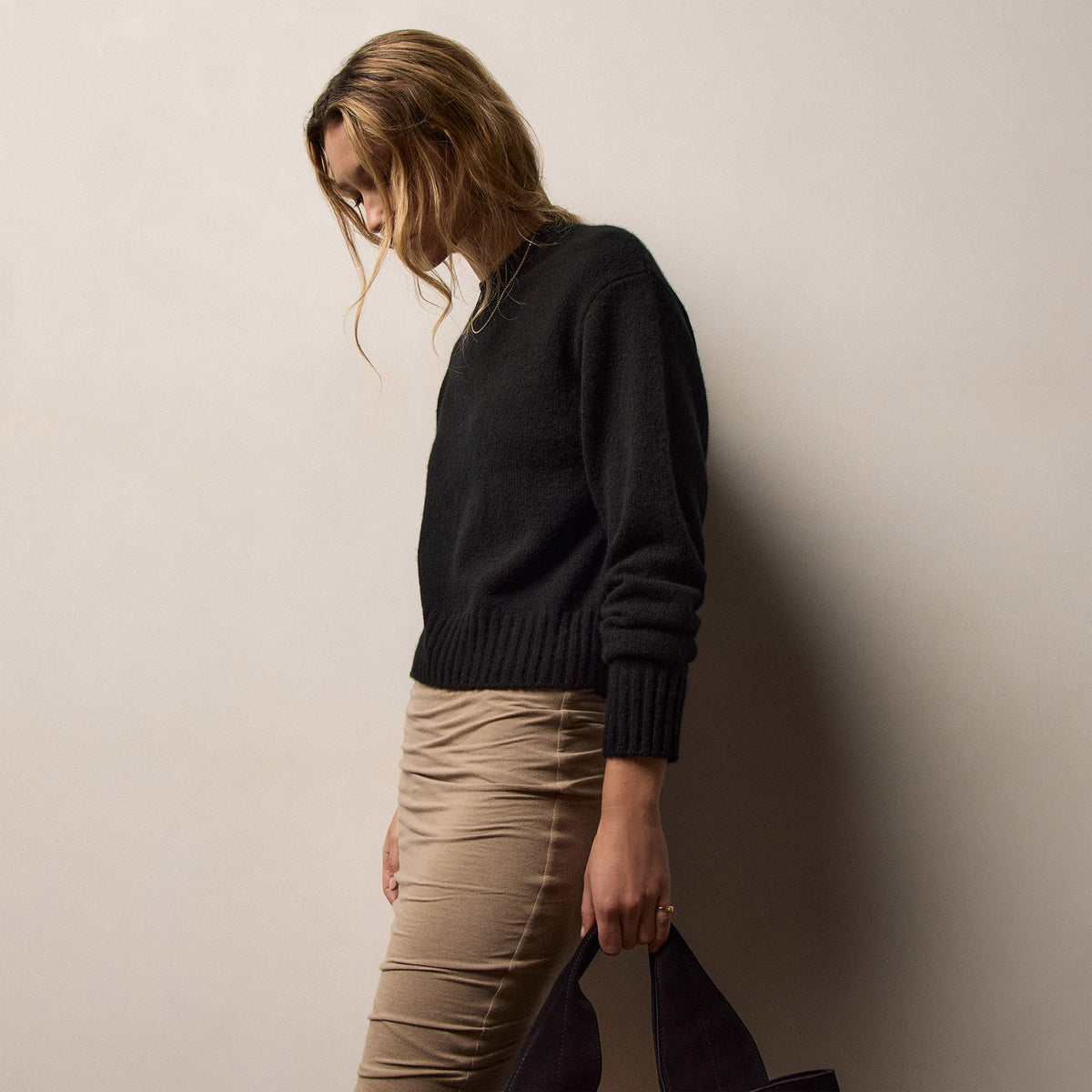 Lightweight Textured Cashmere Crew in True Black | James Perse Los Angeles