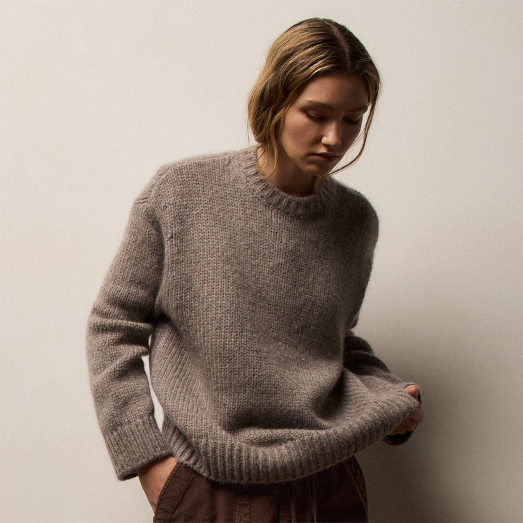 Lightweight Open Stitch Cashmere Crew in Beige Melange | James Perse Los Angeles