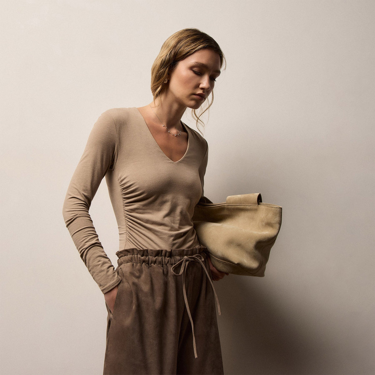 Stretch Melange Jersey Long Sleeve V Neck in Coffee | James Perse Los Angeles